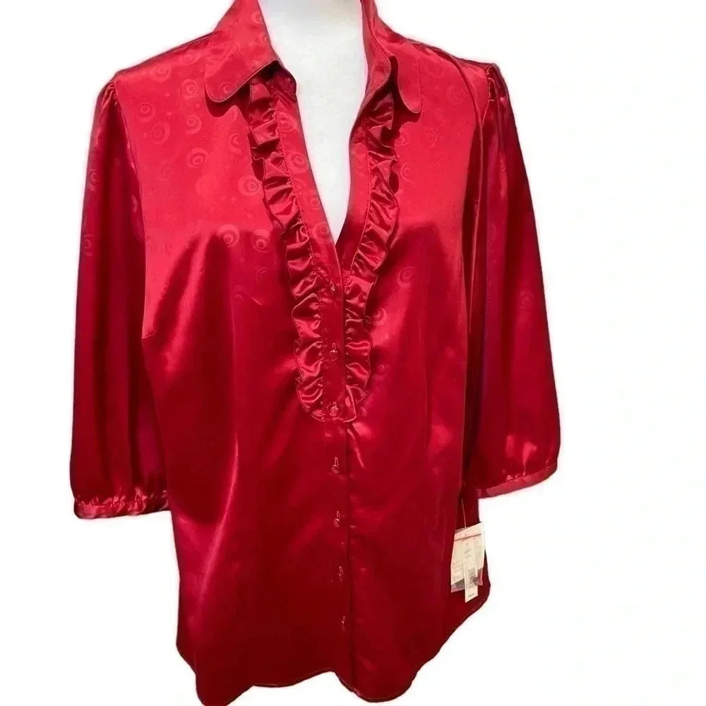Beautiful Ruffled V-Neck Red Valentines Blouse with puffed 3/4 bell sleeve